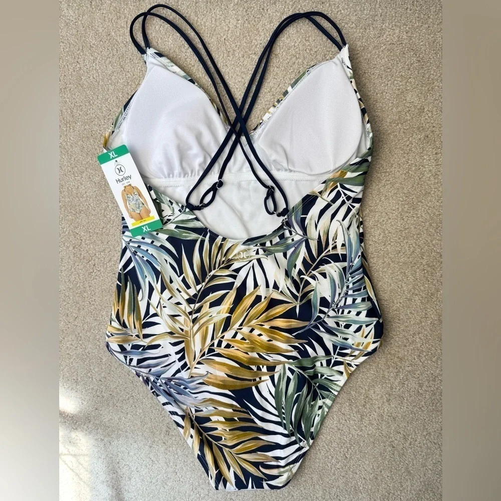 NWT Hurley One Piece Swimsuit Bathing Suit V-Neck UPF 50+ Tropical Print Size XL